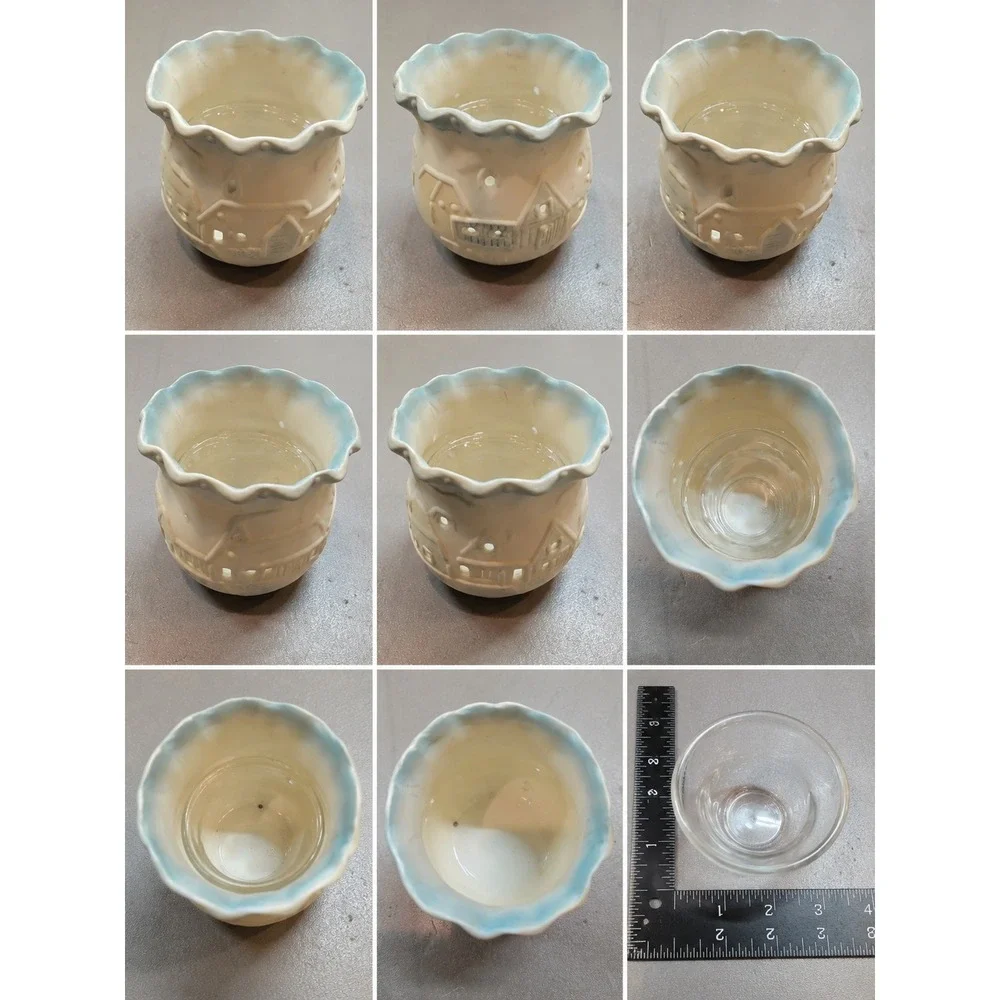 Vintage Style Ceramic Village Tealight Holder Scalloped Blue Rim Glass Insert 4